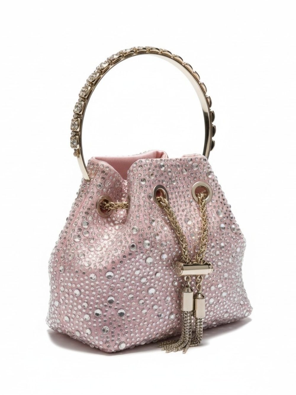 Crystal-Embellished Pink Evening Bucket Bag